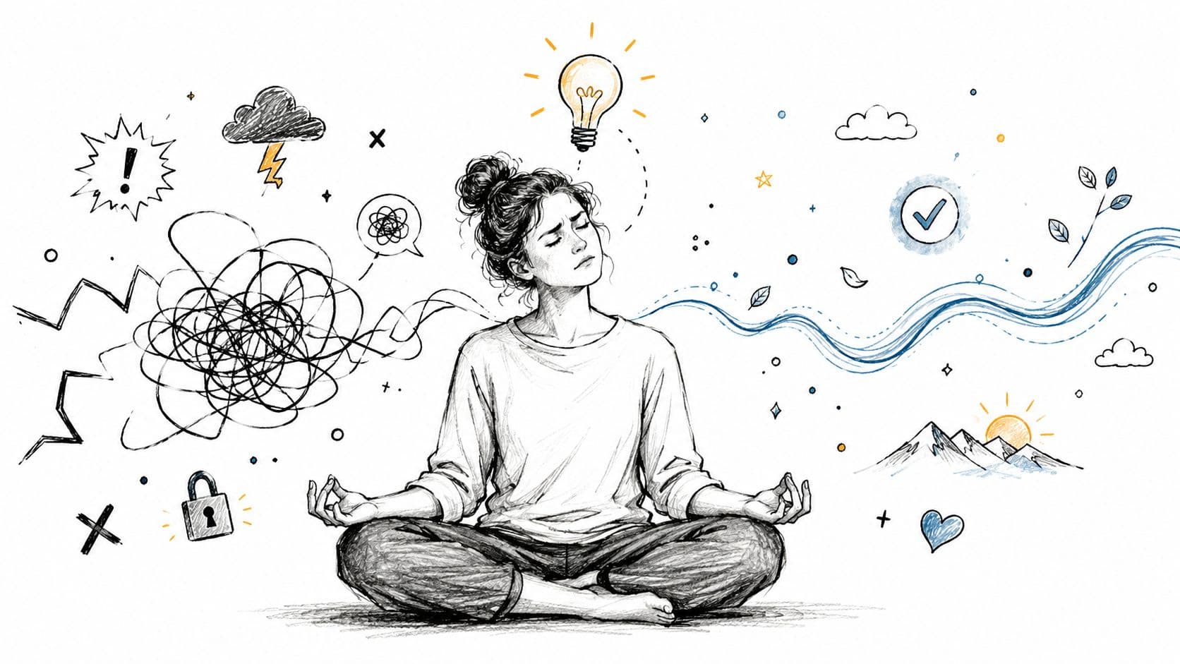 A woman sits in a meditative pose with chaotic thoughts on the left and calm imagery on the right.