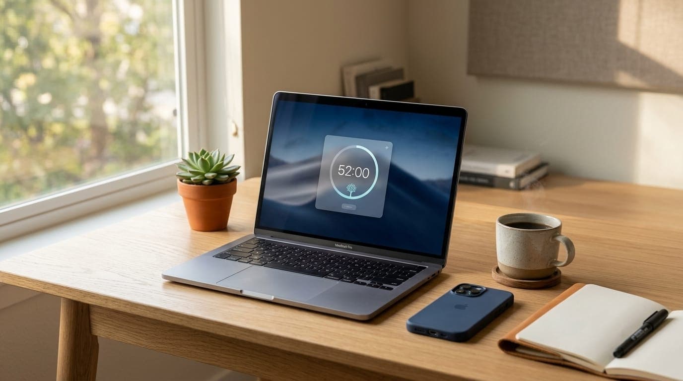 Student studying with focus app on laptop in organized workspace