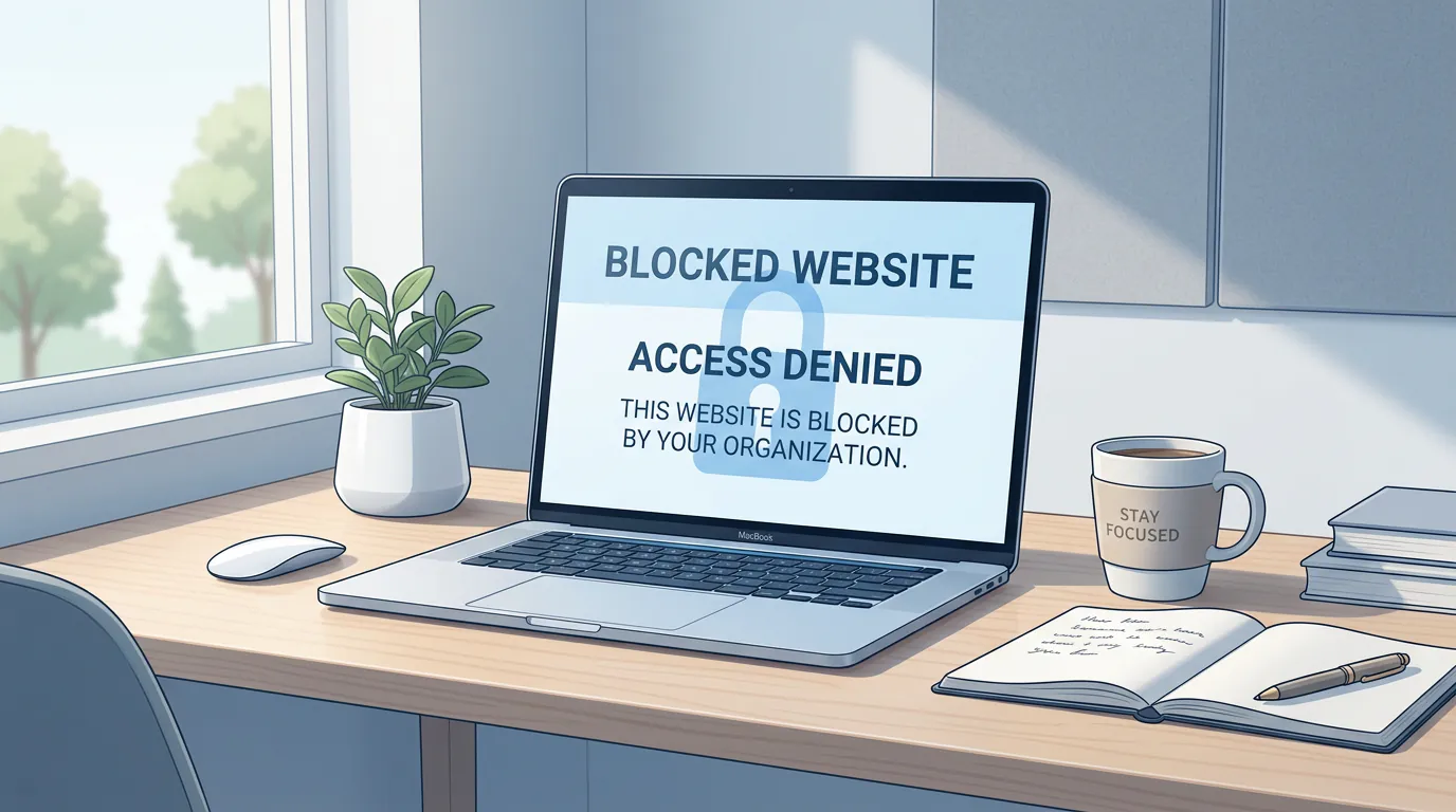 Laptop showing blocked website screen with lock icon on a clean desk workspace