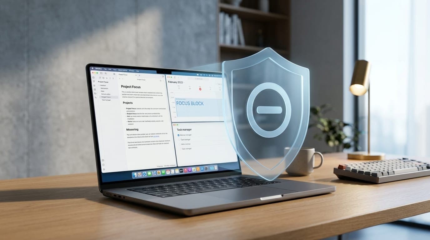 MacBook Pro on desk showing focused workspace with distraction blocking interface