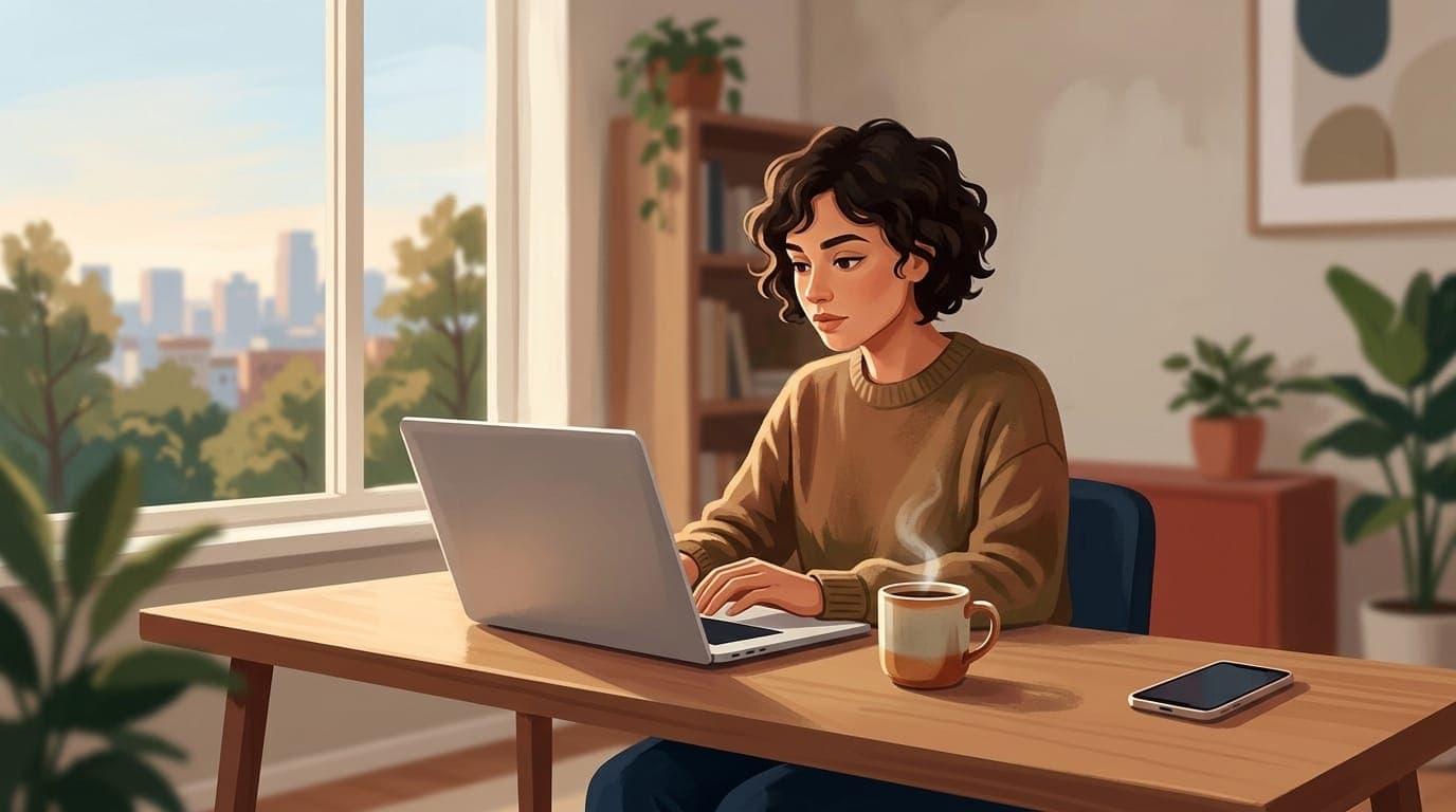 Person working focused at laptop with phone face-down, coffee cup nearby