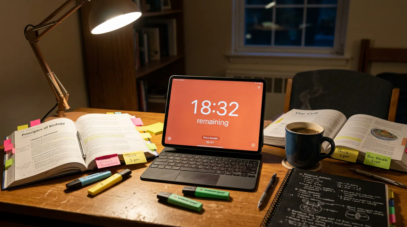 Student using Pomodoro technique with focus timer on desk next to textbooks and notes