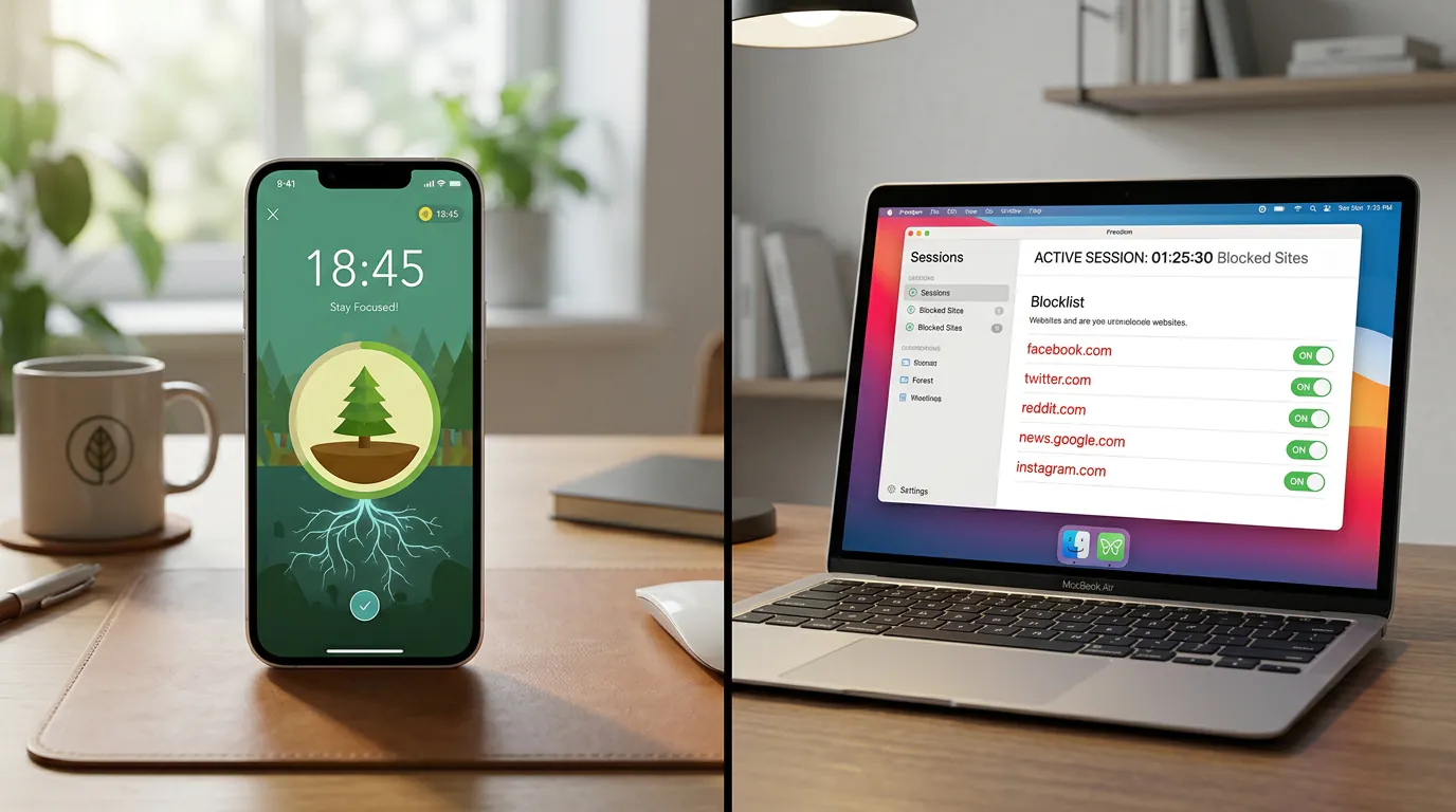 Comparison of focus apps on different devices showing Forest on iPhone and Freedom on MacBook