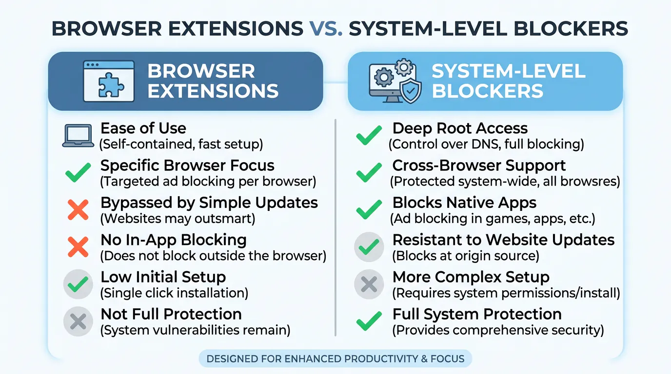 Comparison chart showing browser extensions vs system-level website blockers with checkmarks