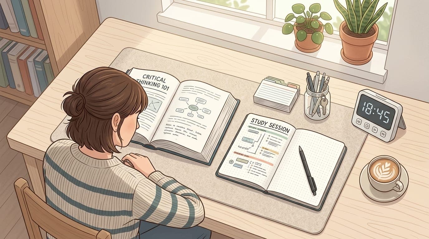 Organized study desk setup showing focused learning environment with timer, books, and minimal distractions