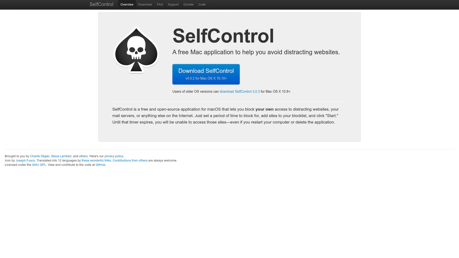 SelfControl app homepage