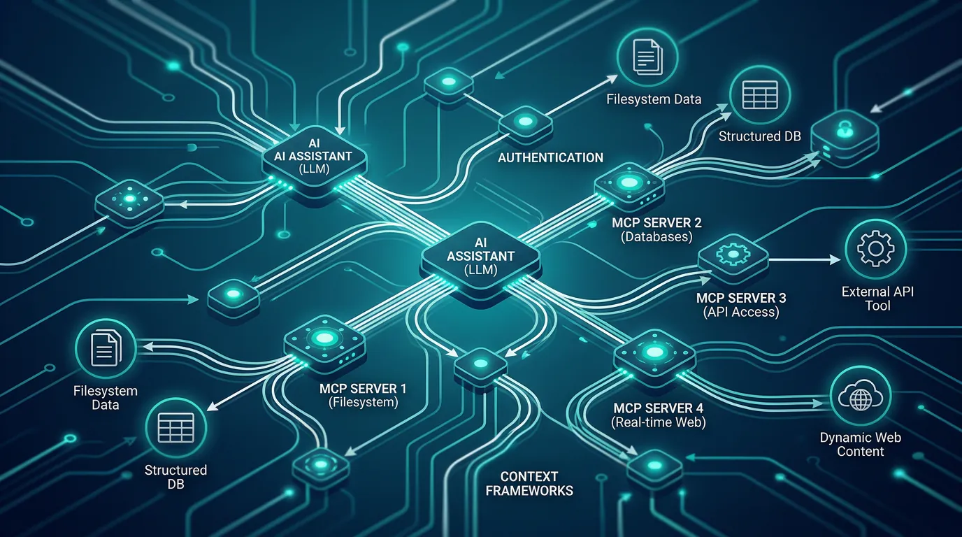 Visual representation of MCP servers connecting AI assistants to external tools and data