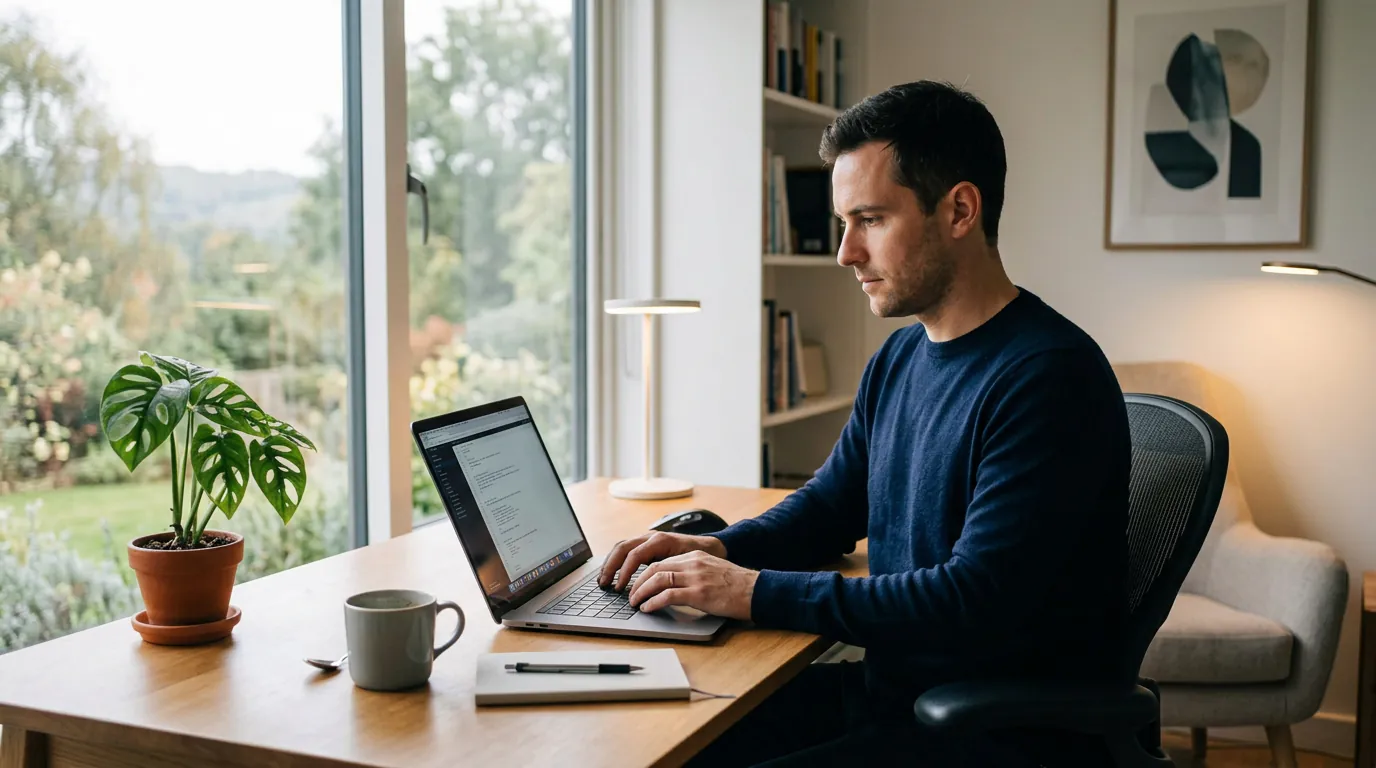 Remote worker at home office setup focused on laptop in distraction-free environment