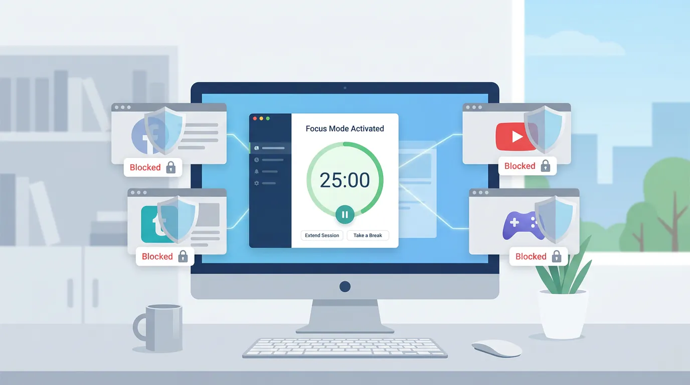 Desktop computer showing website and app blocking interface for productivity focus