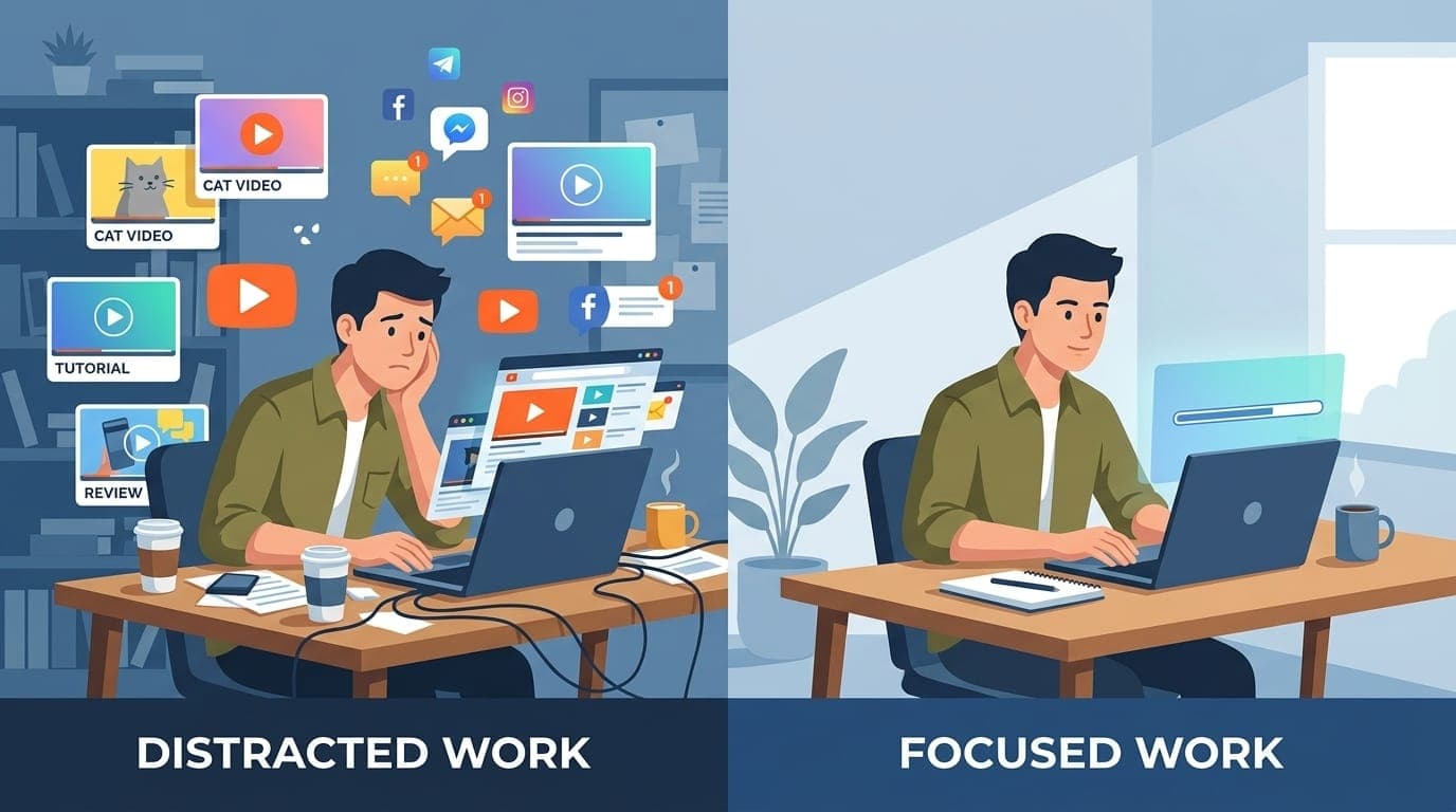 Illustration comparing distracted work with YouTube open versus focused work with YouTube blocked