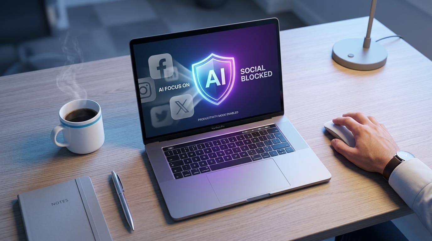 AI-powered distraction blocker protecting a focused workspace by blocking social media and distracting apps