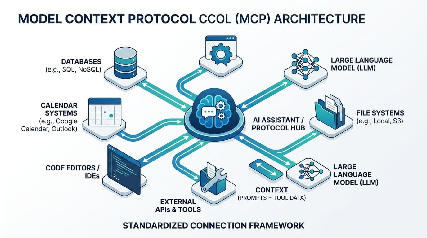 Diagram showing Model Context Protocol connecting AI assistants to external data sources and tools through standardized architecture
