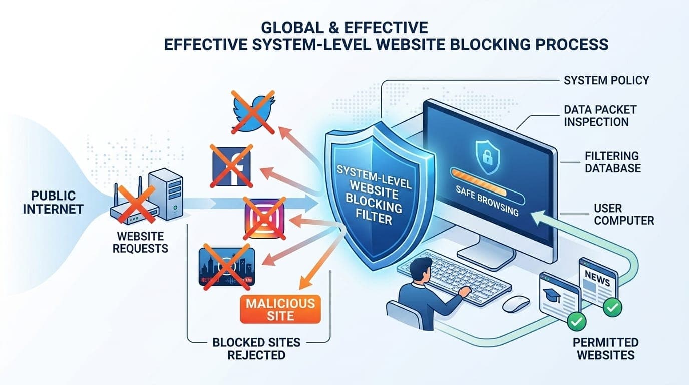 How system-level distraction blockers prevent access to distracting websites during writing
