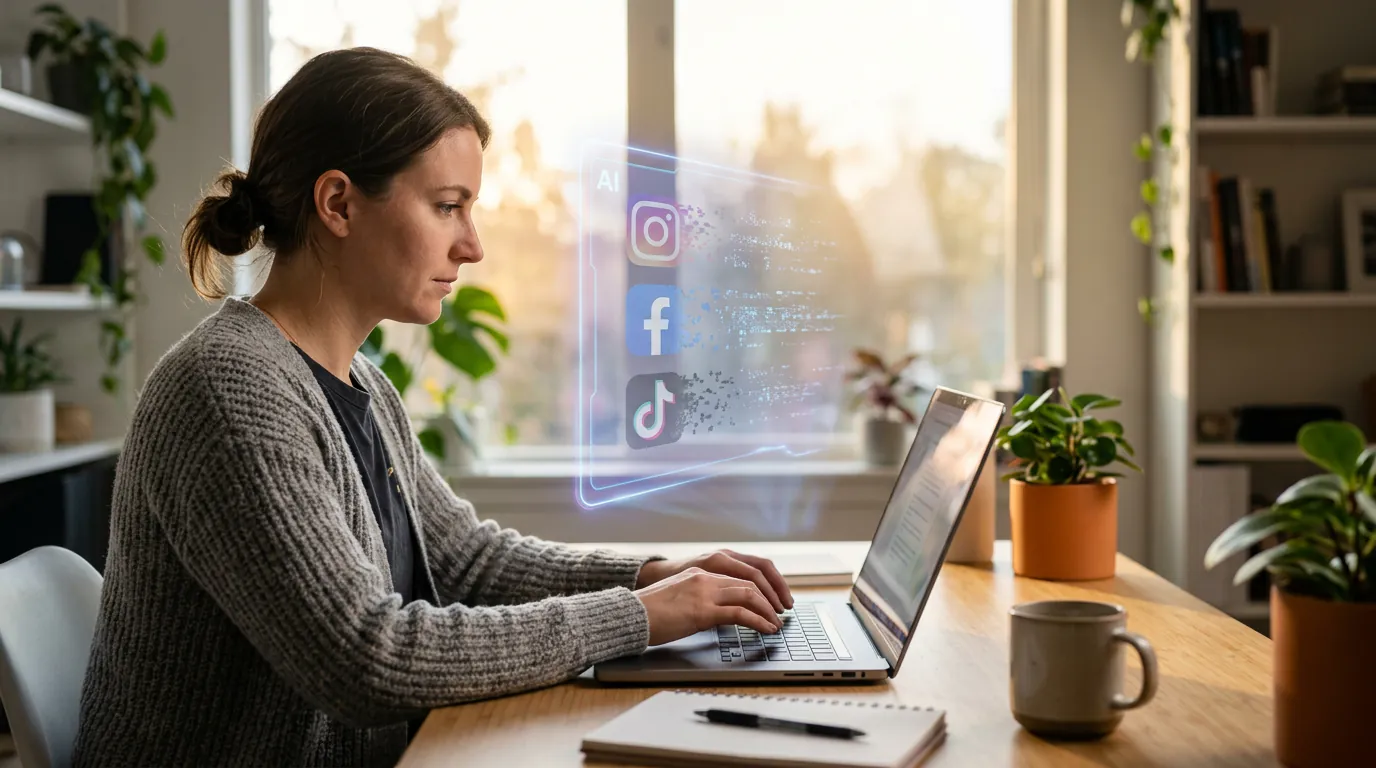 Person focused at desk with AI assistant actively blocking distractions in the background