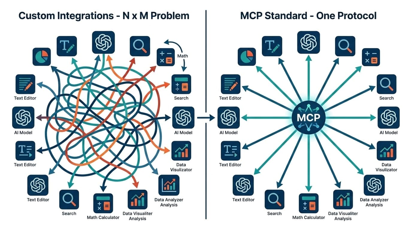 Comparison illustration showing traditional custom API integrations versus MCP standardized connections