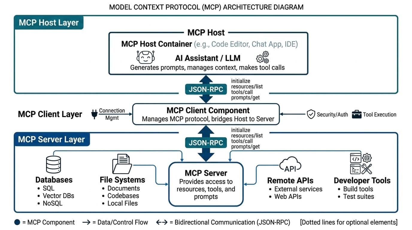 MCP client-server architecture showing MCP host, MCP client, and MCP server components with JSON-RPC communication flow