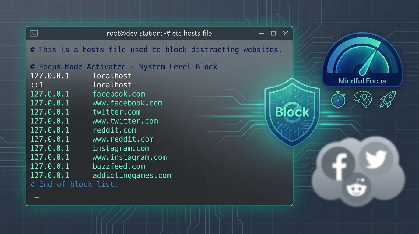 Linux terminal showing hosts file with website blocking configuration for productivity