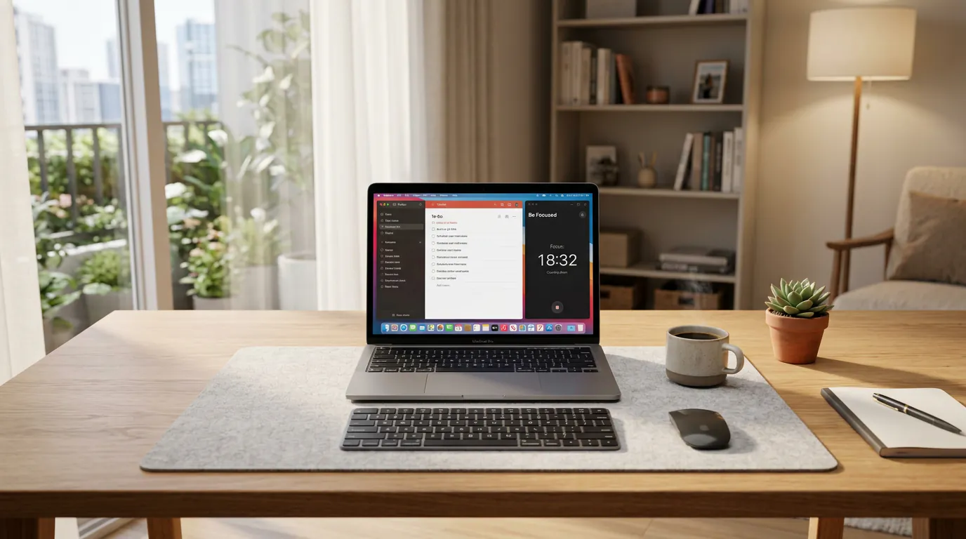 Mac productivity workspace with organized desk setup and productivity apps