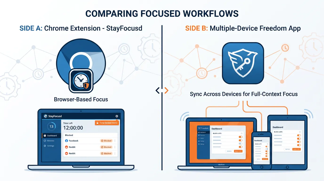 Visual comparison of StayFocusd versus Freedom across laptop, phone, and tablet