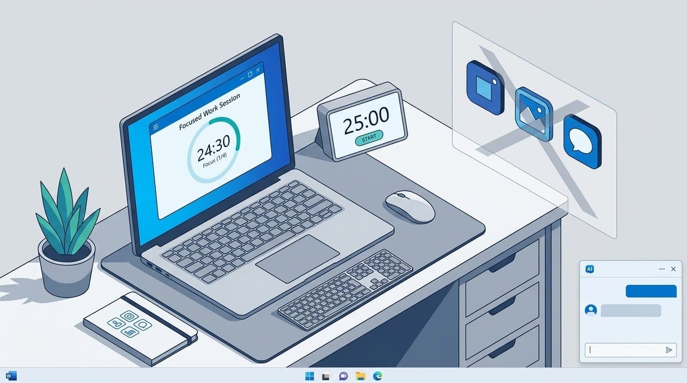 Windows focus apps workspace illustration showing blocked distractions and productivity tools
