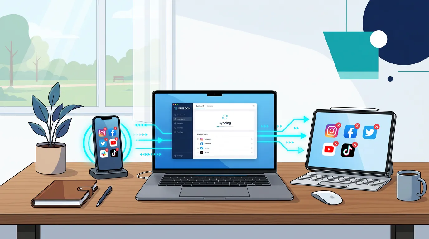 Freedom app syncing across multiple devices showing blocked apps and websites on phone, laptop, and tablet simultaneously