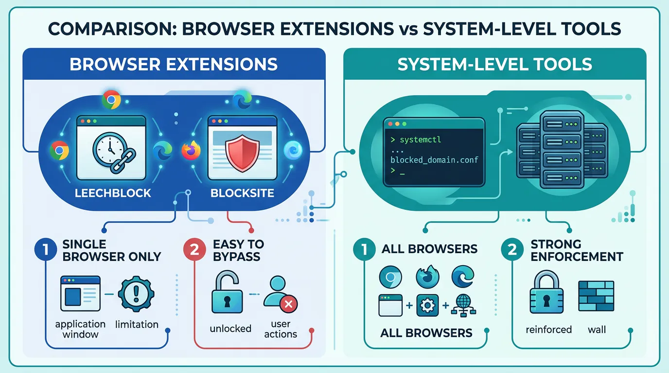 Comparison chart showing browser extensions vs system-level website blockers for Linux focus and productivity