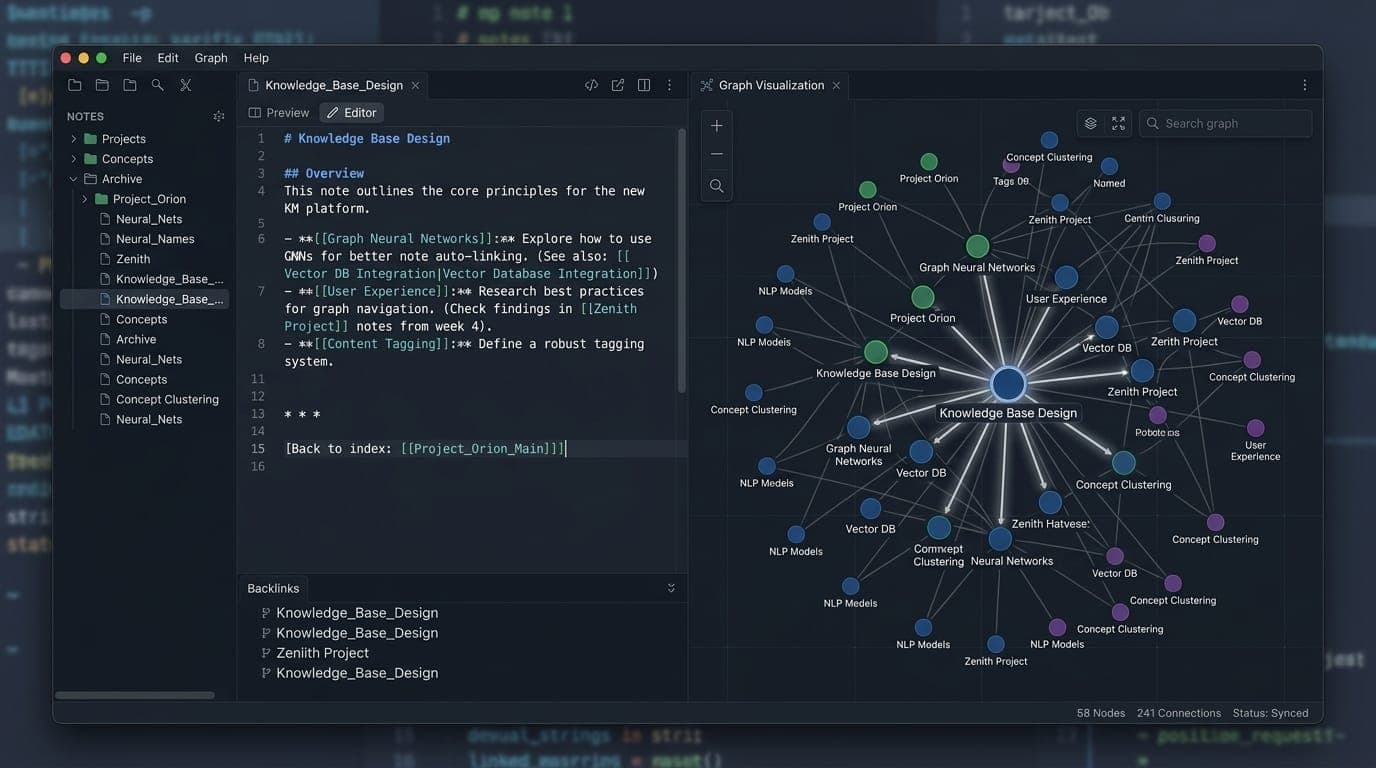 Obsidian notes app showing linked notes and graph view
