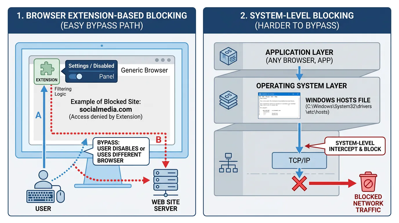 Comparison diagram showing browser extension blocking versus system-level blocking on Windows