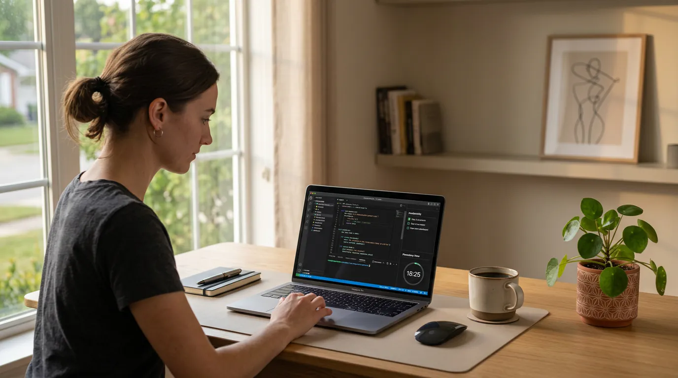 Focused developer working distraction-free at minimal desktop workspace
