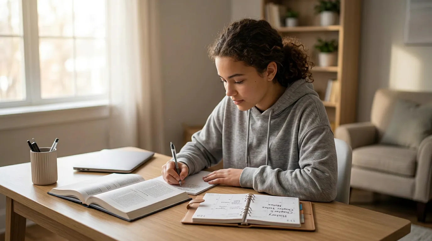Student with ADHD successfully focused on homework at organized desk