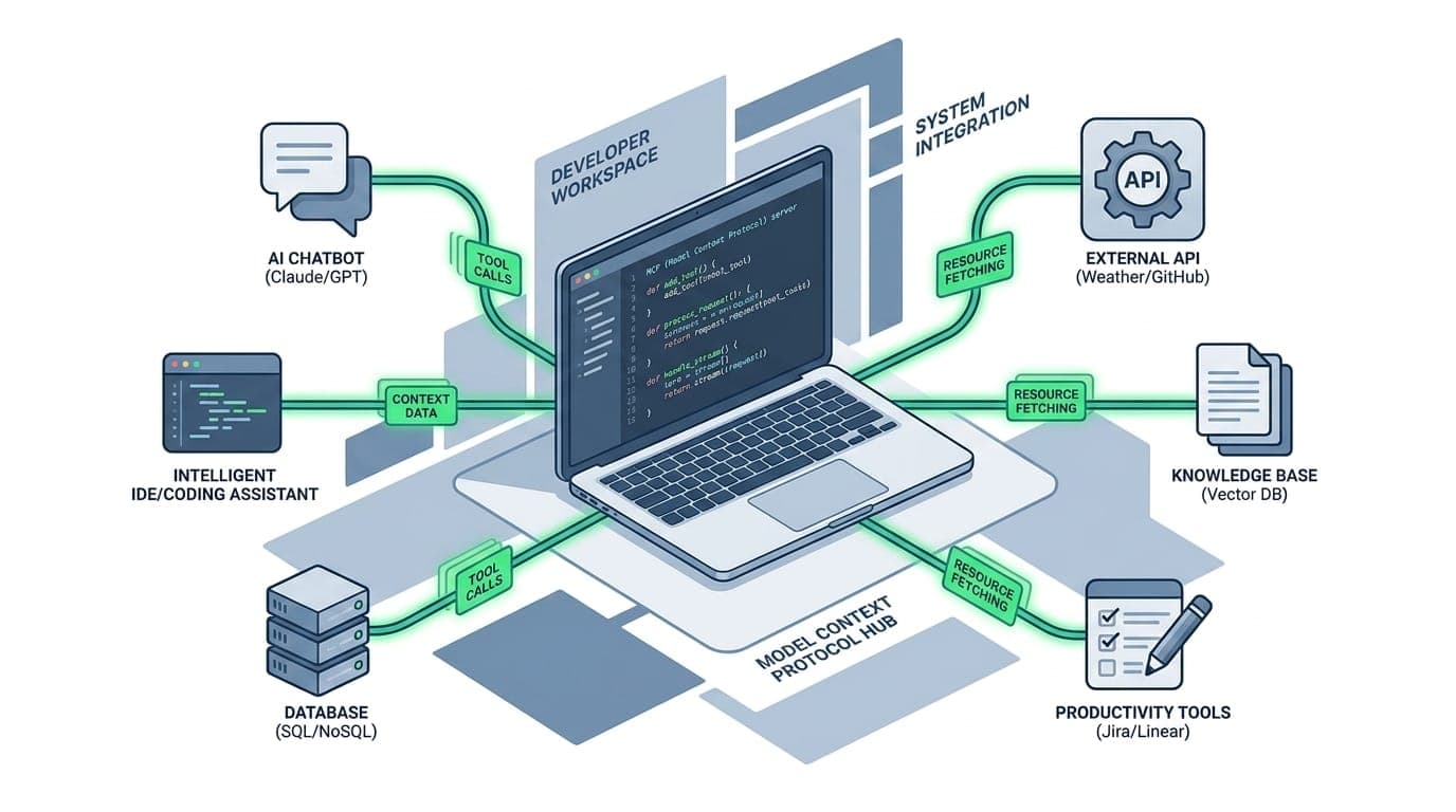 Diagram showing MCP server architecture connecting AI assistants to data sources and tools