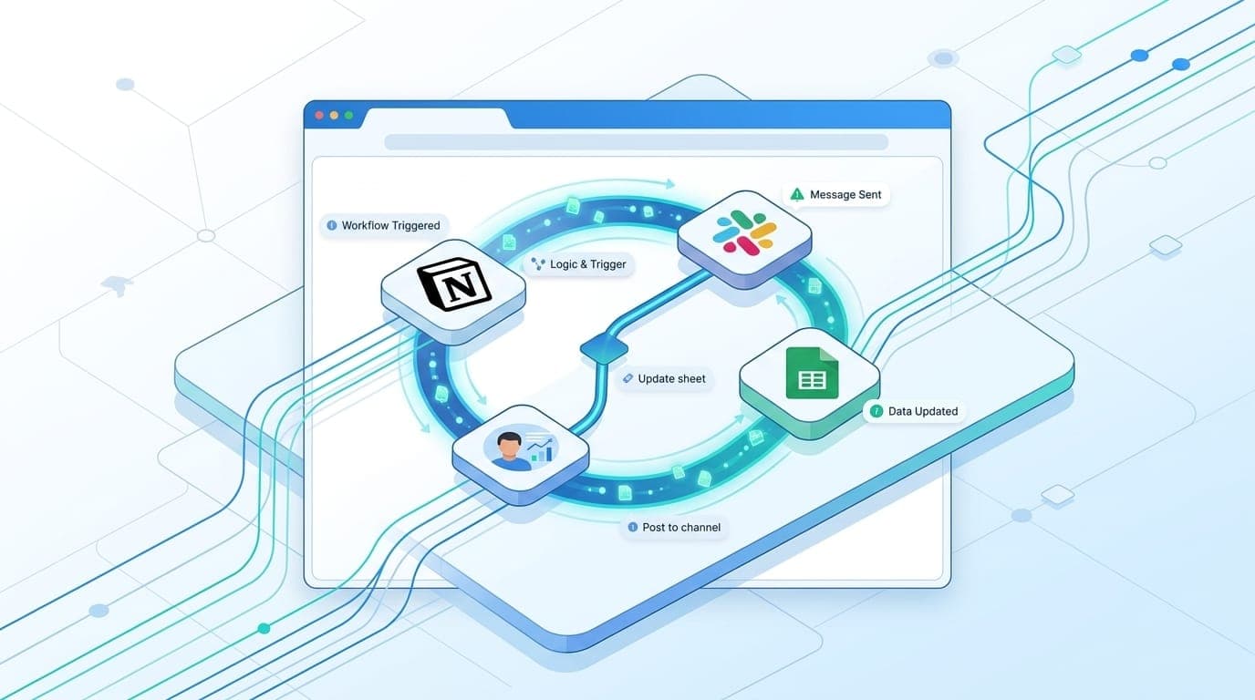 Browser automation workflow showing AI extension connecting multiple apps and data flows