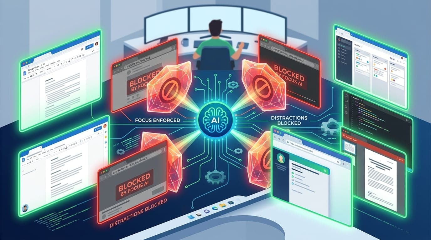 Focus enforcement system with AI assistant blocking distracting websites