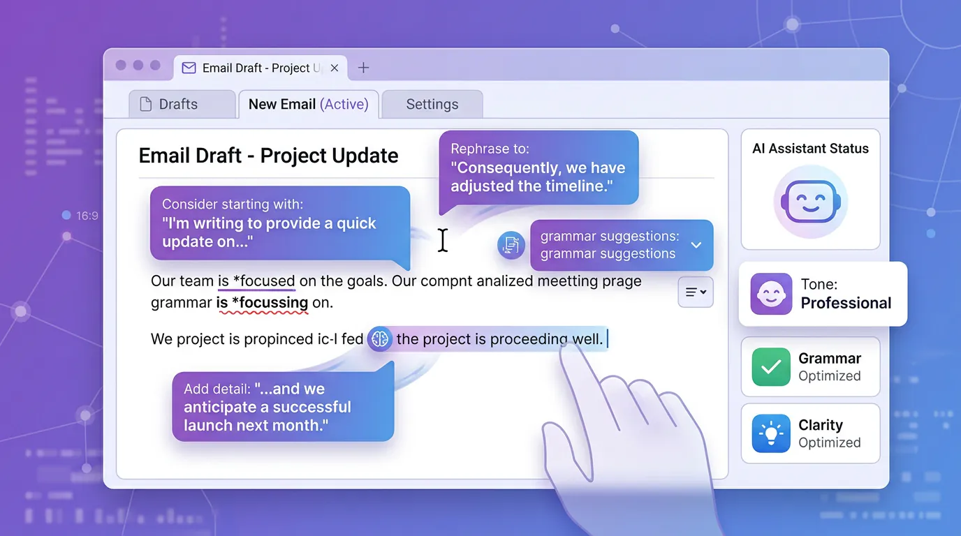 AI writing assistant showing autocomplete and text suggestions in browser interface