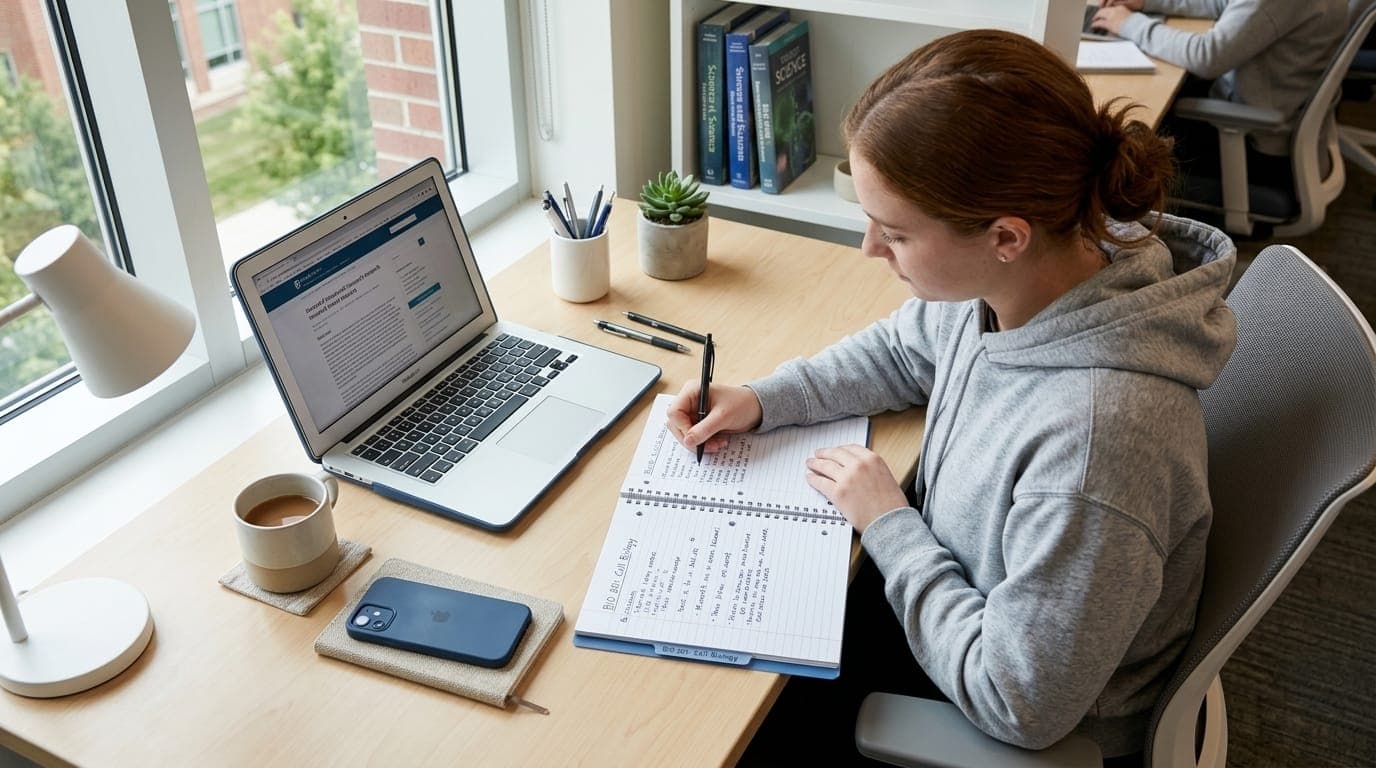 College student studying productively with organized desk and minimal distractions