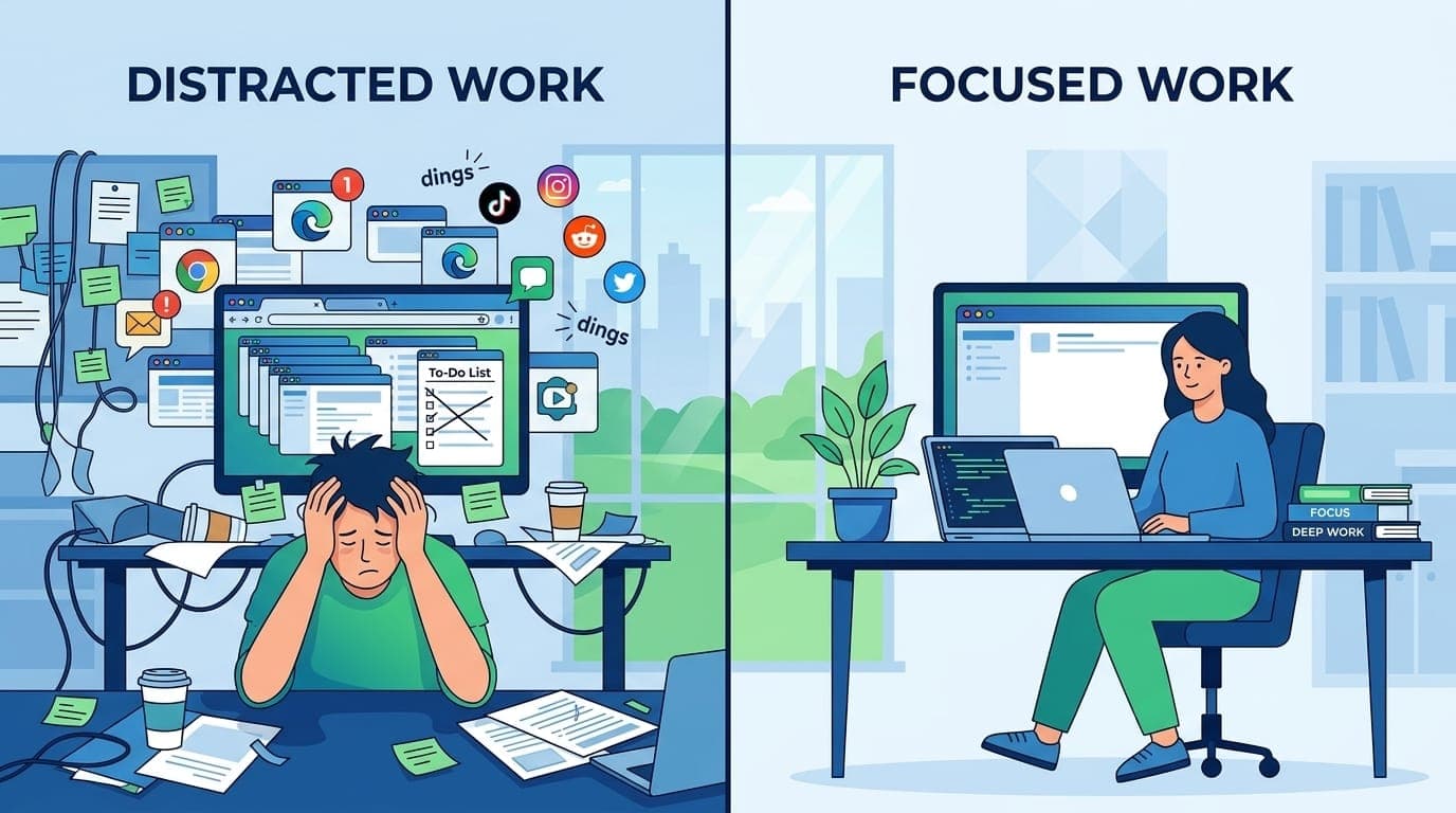 Comparison of distracted workspace versus focused workspace with productivity apps