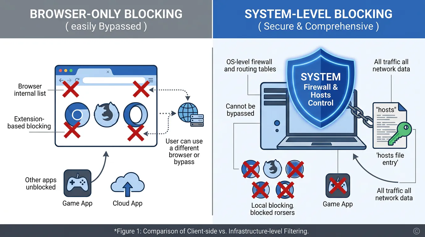 System-level blocking vs browser extension comparison