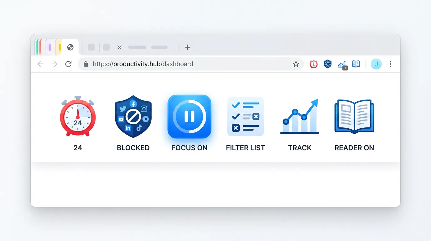 Chrome browser toolbar displaying focus and productivity extensions