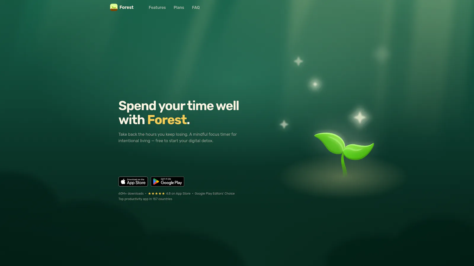 Forest app homepage showing tree-growing focus timer