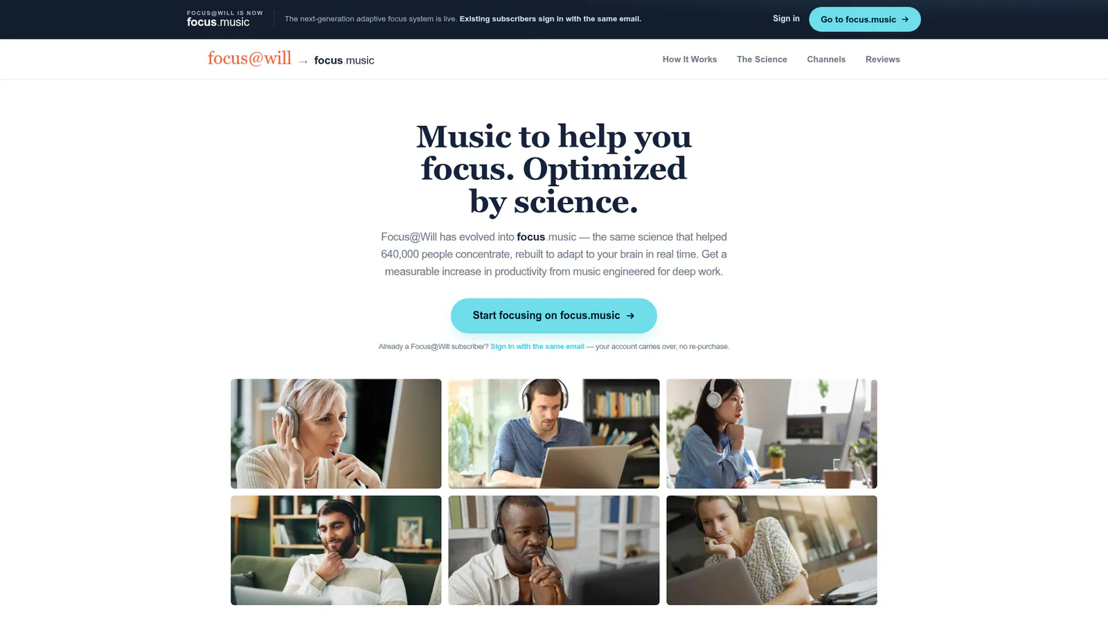 Focus@Will music app homepage