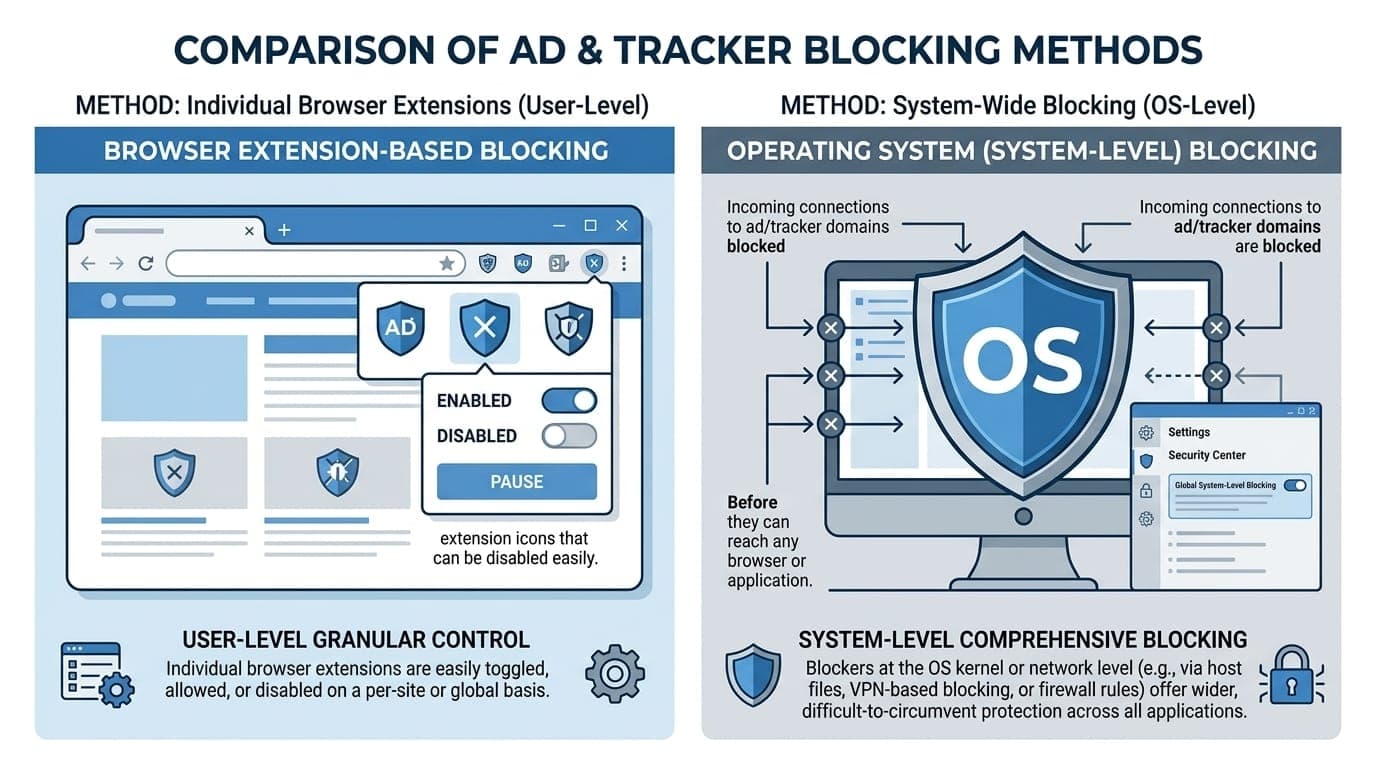 Comparison chart showing browser extension blocking vs system-level website blocking