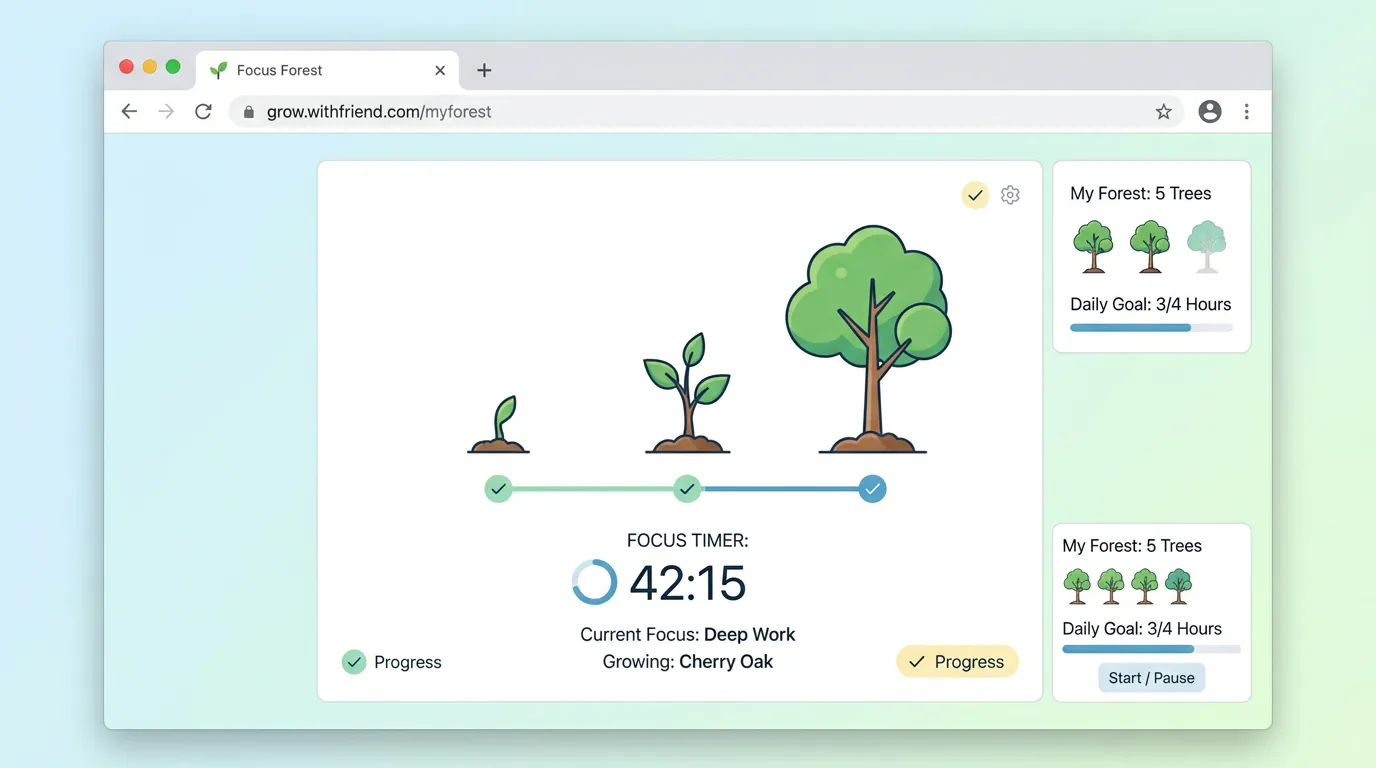 Forest app virtual tree growing during a focus session on Chrome