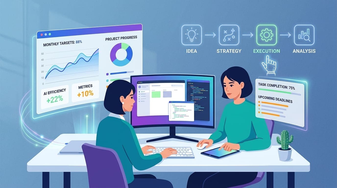 Person working efficiently with AI productivity tools and workflow interfaces in organized workspace