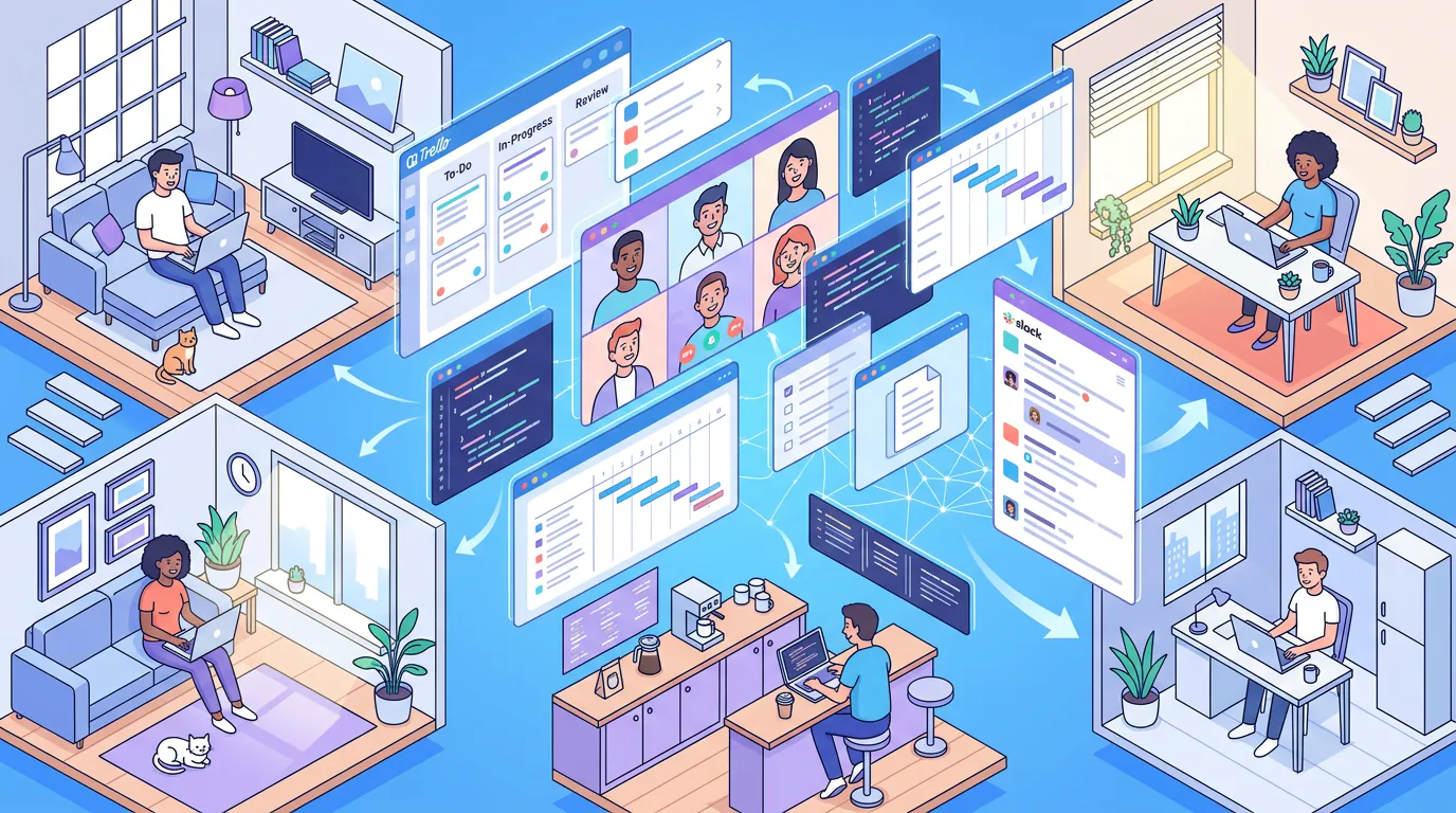 Remote team using productivity applications and collaboration tools across multiple devices