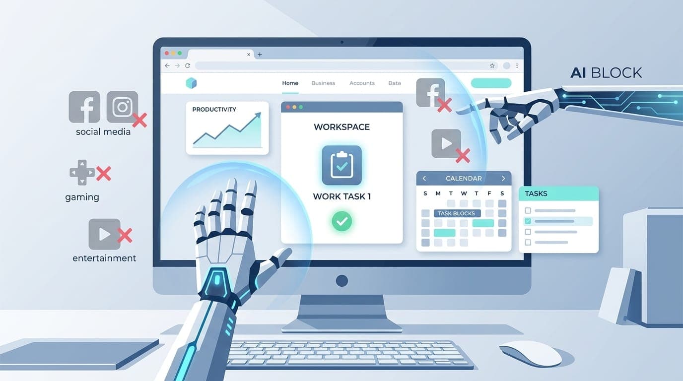 Automated website blocking system illustration showing AI enforcing digital boundaries