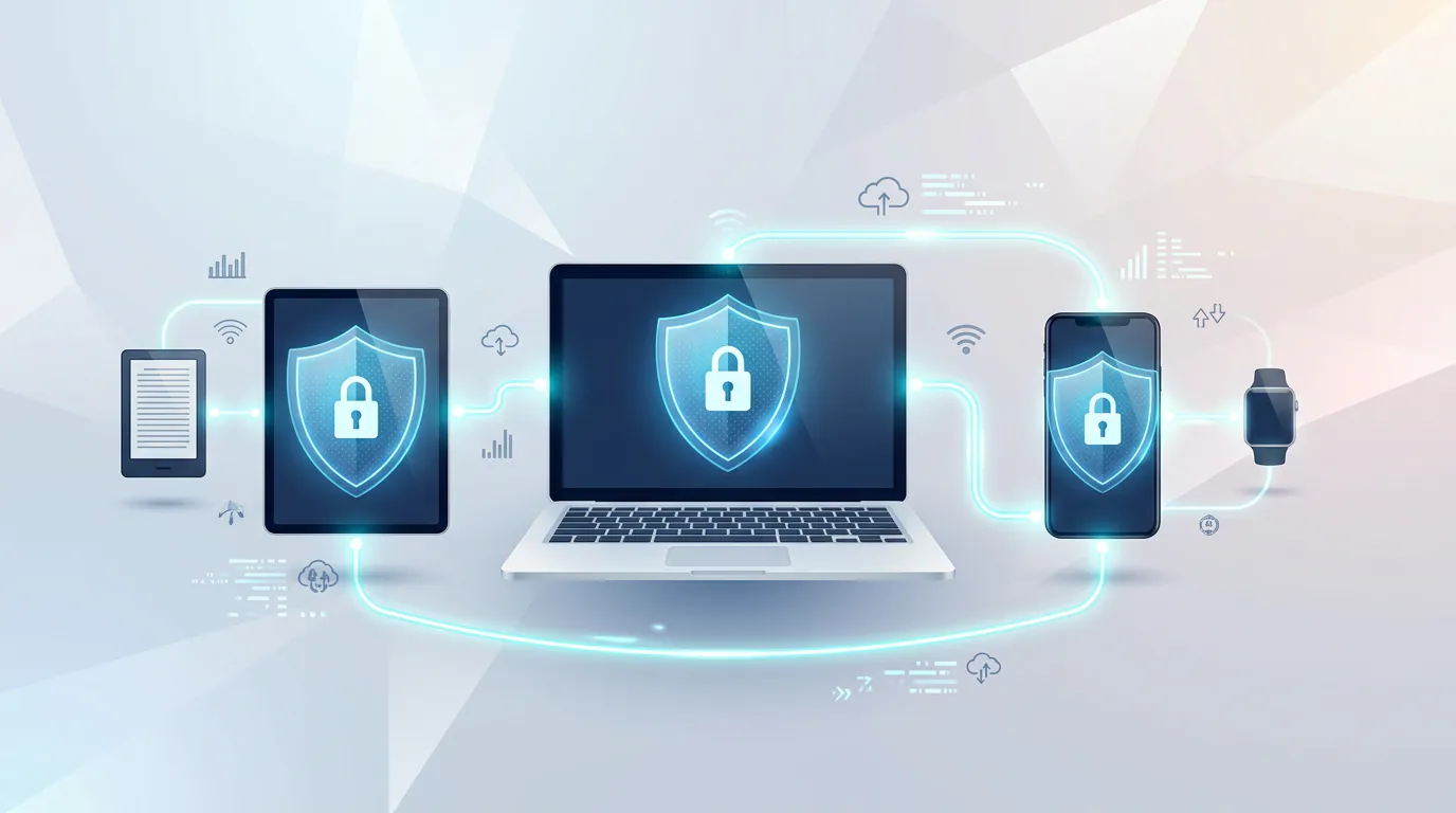 Multiple devices including laptop, phone, and tablet synchronized with blocking protection shields