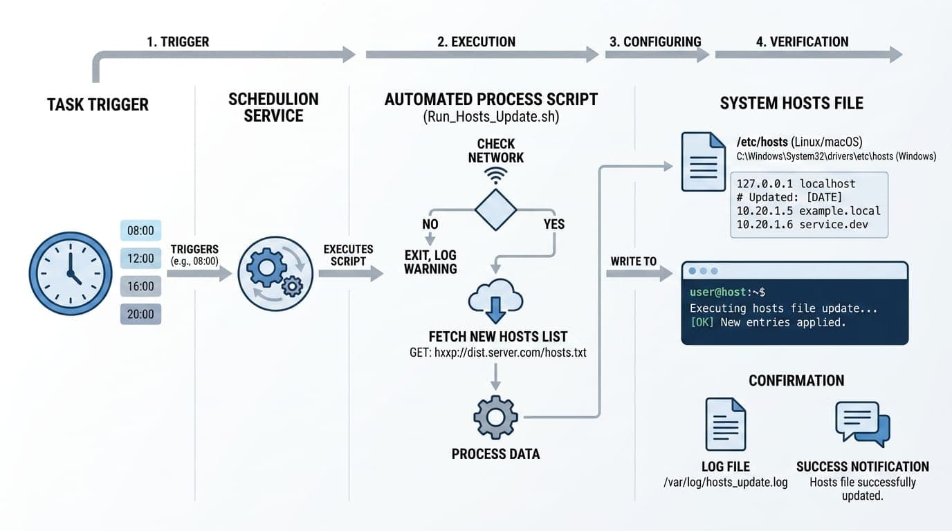 Scheduled hosts file blocking workflow diagram