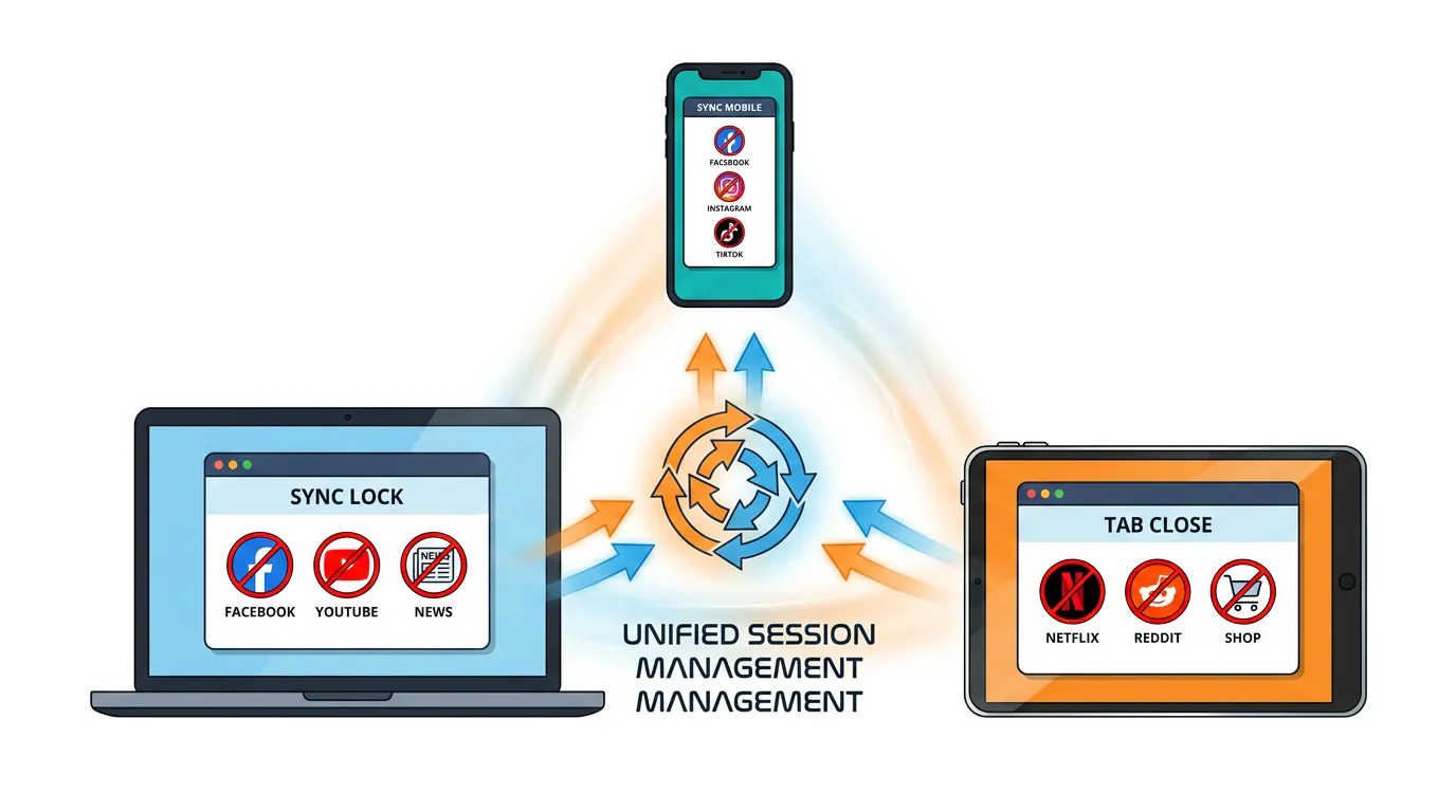 Cross-platform blocking app synchronizing sessions across multiple devices