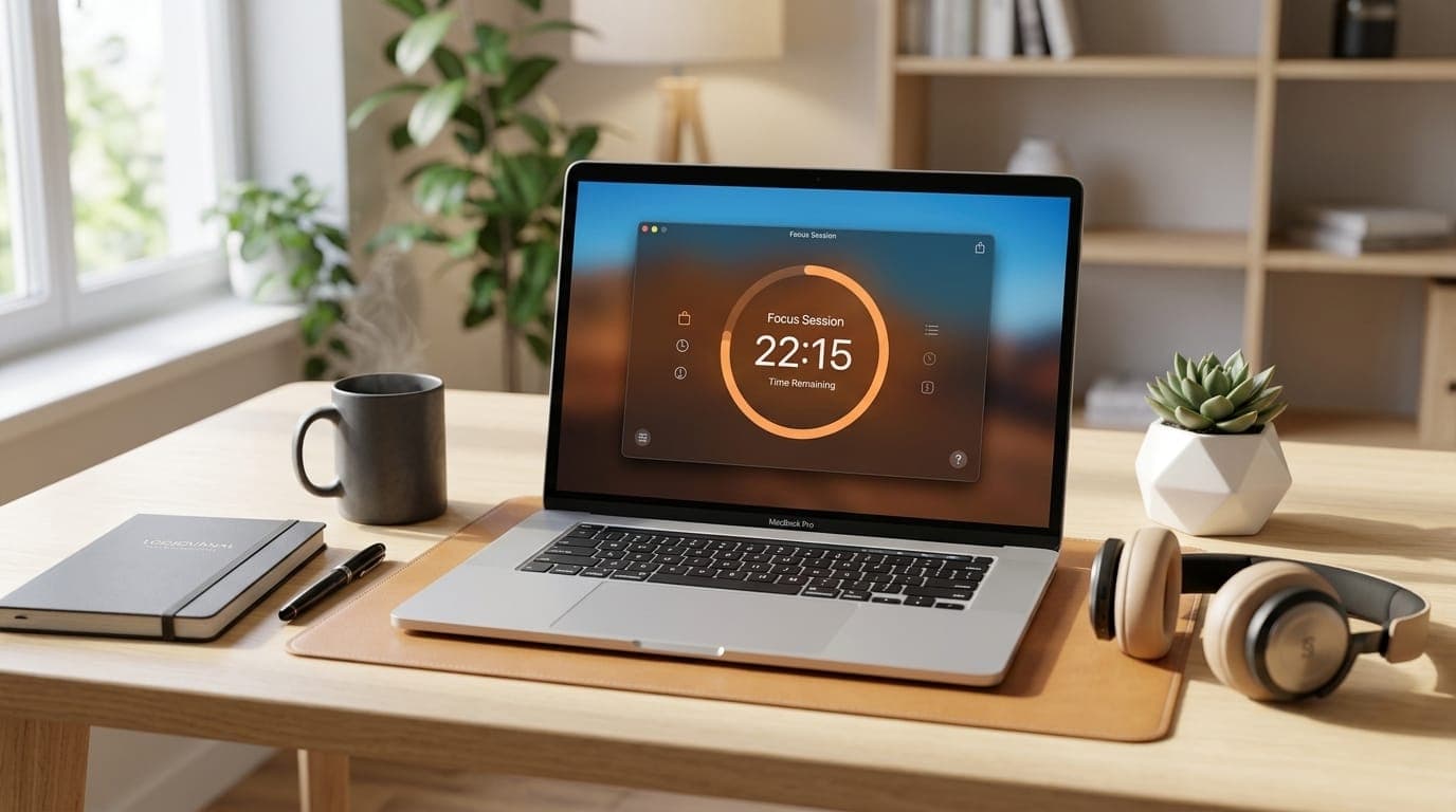 Focused workspace with laptop showing productivity timer