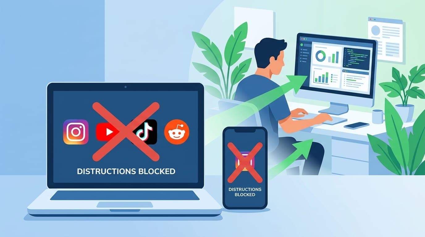 Illustration of distraction blocker apps blocking social media and entertainment sites on laptop and phone